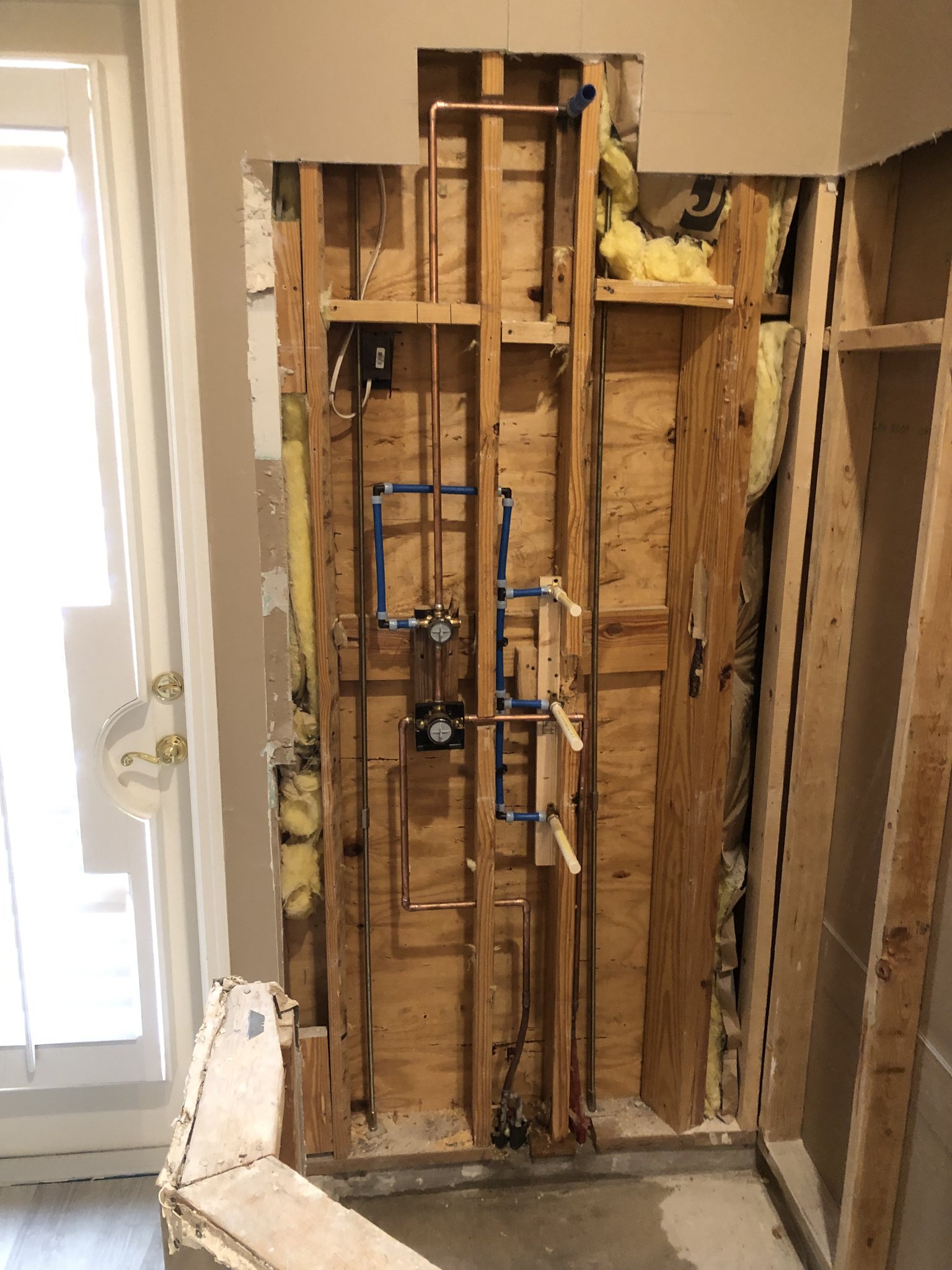 Bathroom remodel rough-in, rain shower, pot filler and water heater.