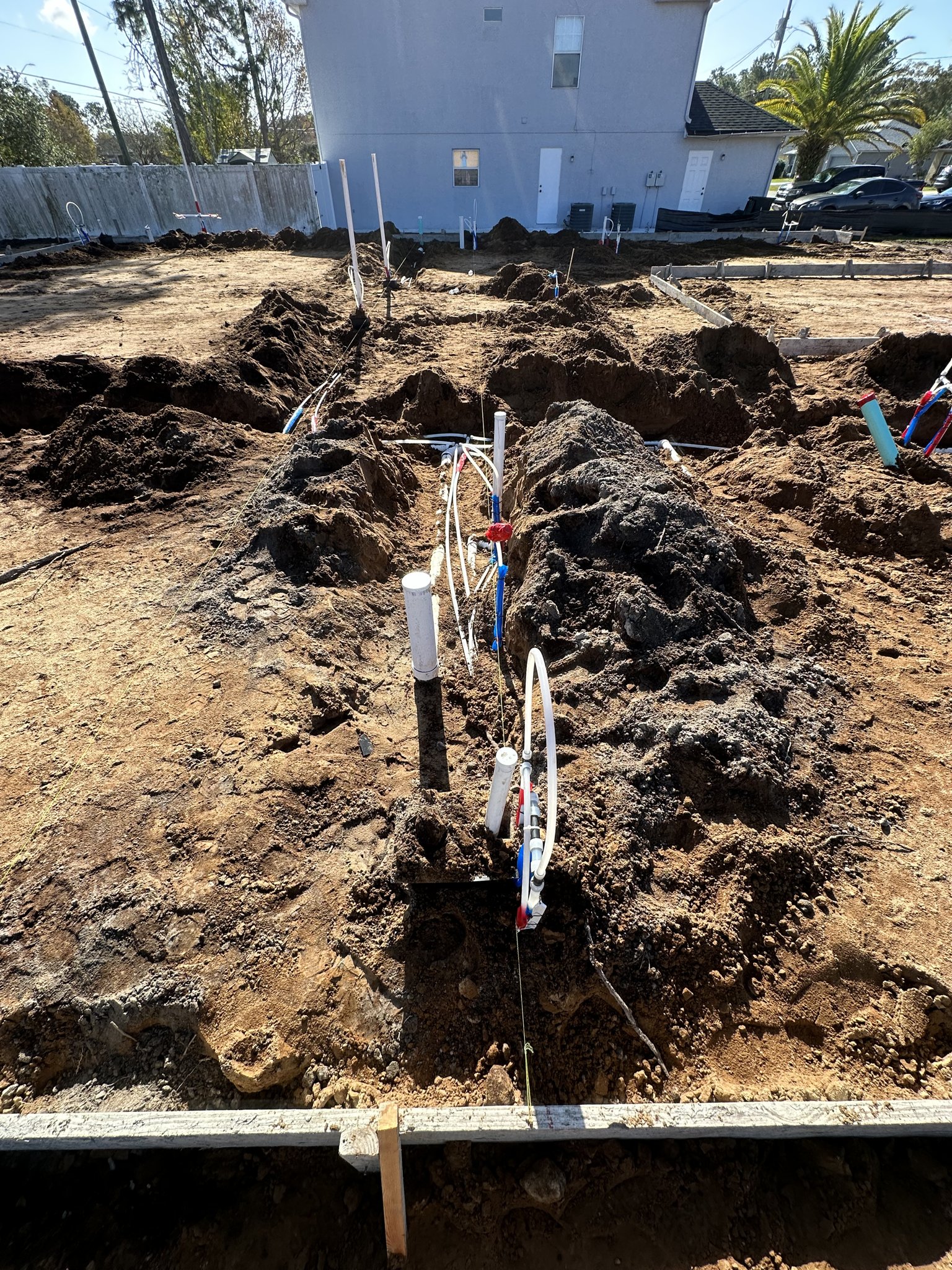 New-construction underground plumbing rough-in.