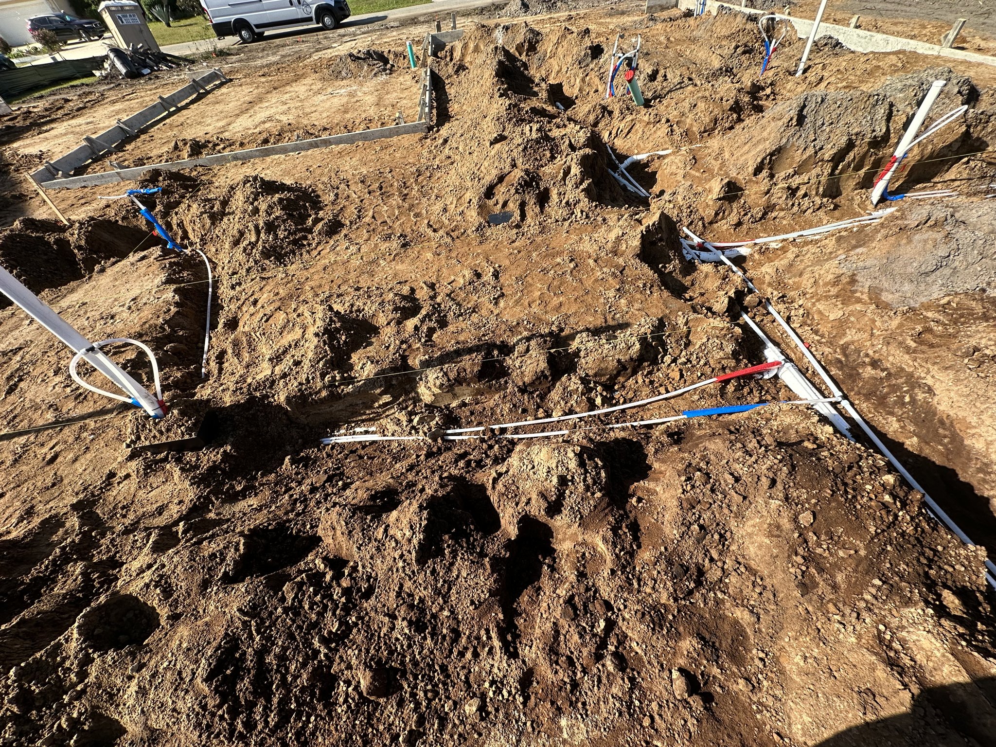 New-construction underground plumbing rough-in.